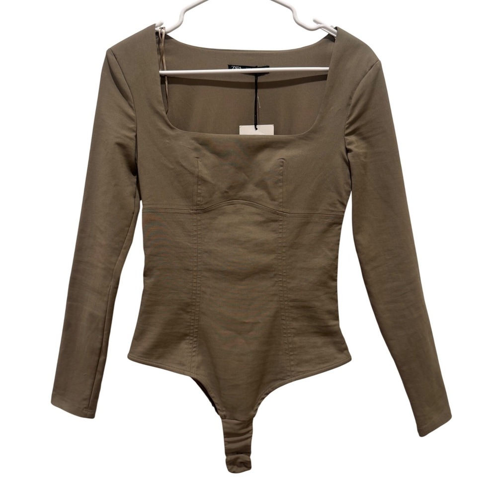 NEW Zara Bodysuit Womens XS Khaki Beige Square‎ Neck Long Sleeve Corset Top